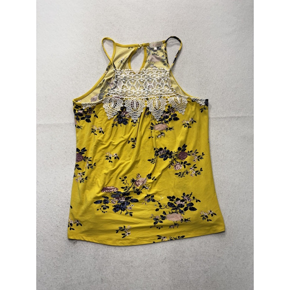 Stella Tweed Tank Top Womens L Yellow Floral Crochet Halter Cami Summer Casual